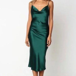 ZARA Emerald Green Silk Satin Slip Cowl Neck Dress Midi, Large